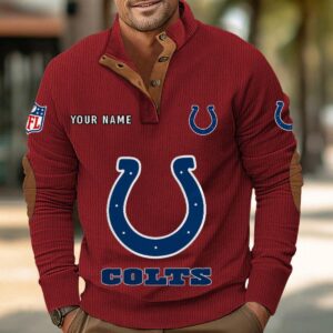 Indianapolis Colts Button Up Shirts Stand Collar Long Sleeve Shirt Elbow Patches