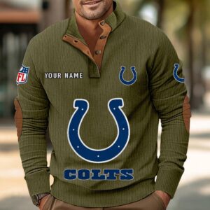 Indianapolis Colts Button Up Shirts Stand Collar Long Sleeve Shirt Elbow Patches