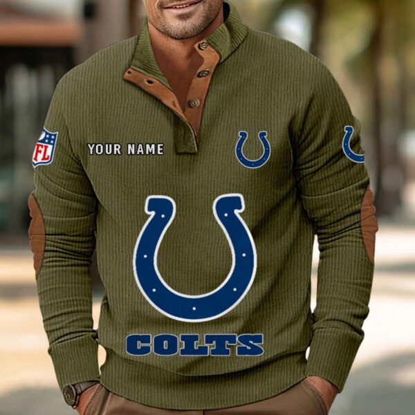 Indianapolis Colts Button Up Shirts Stand Collar Long Sleeve Shirt Elbow Patches