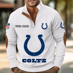 Indianapolis Colts Button Up Shirts Stand Collar Long Sleeve Shirt Elbow Patches