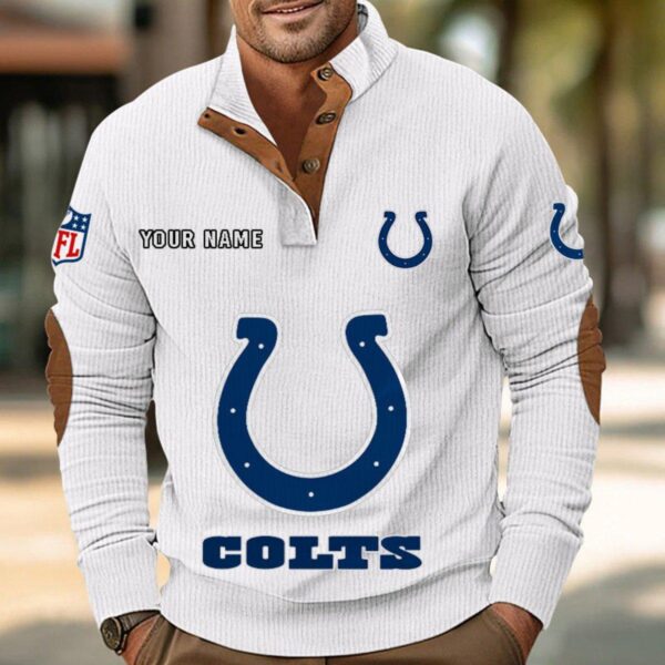 Indianapolis Colts Button Up Shirts Stand Collar Long Sleeve Shirt Elbow Patches