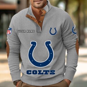 Indianapolis Colts Button Up Shirts Stand Collar Long Sleeve Shirt Elbow Patches