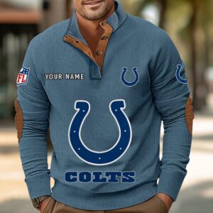 Indianapolis Colts Button Up Shirts Stand Collar Long Sleeve Shirt Elbow Patches