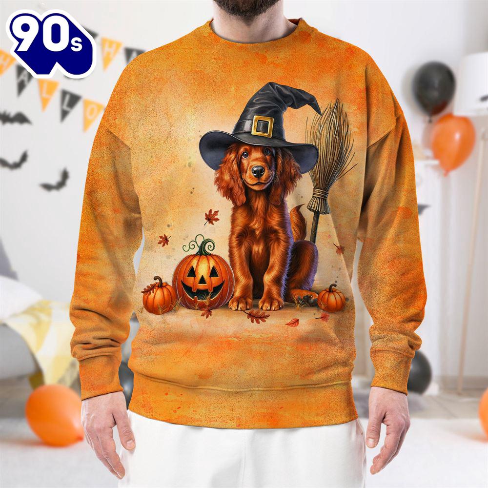 Irish Setter Dog In Spooky Autumn Halloween 3D Shirt For Man And Women Irish Setter Dog In Spooky Autumn Halloween 3D Shirt For Man And Women