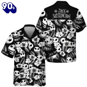 Jack Skellington Black White Floral Hawaiian Shirt Gift Xmas