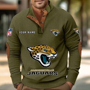 Jacksonville Jaguars Button Up Shirts Stand Collar Long Sleeve Shirt Elbow Patches