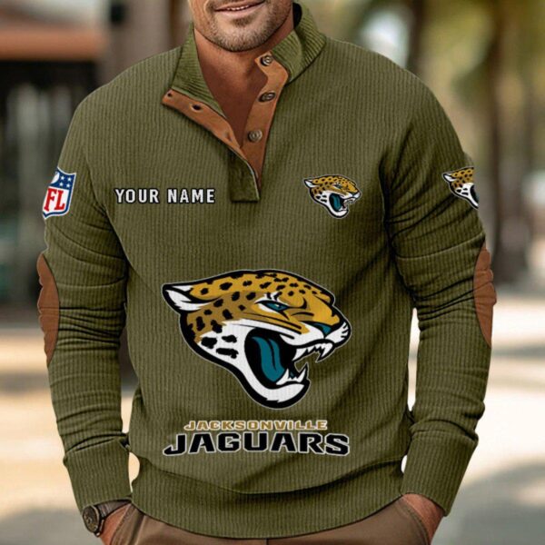 Jacksonville Jaguars Button Up Shirts Stand Collar Long Sleeve Shirt Elbow Patches