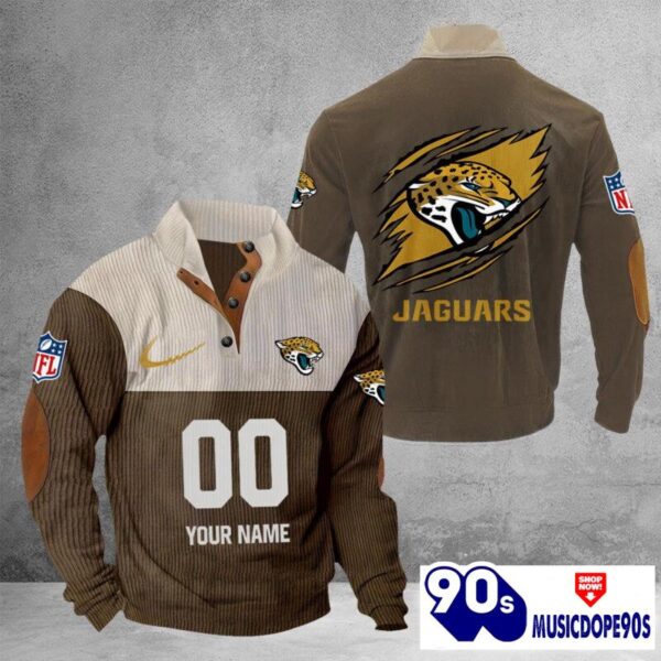Jacksonville Jaguars Vintage Button Up Shirts Stand Collar Long Sleeve Shirt Elbow Patches