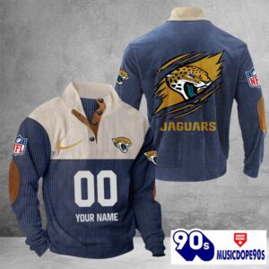 Jacksonville Jaguars Vintage Button Up Shirts Stand Collar Long Sleeve Shirt Elbow Patches