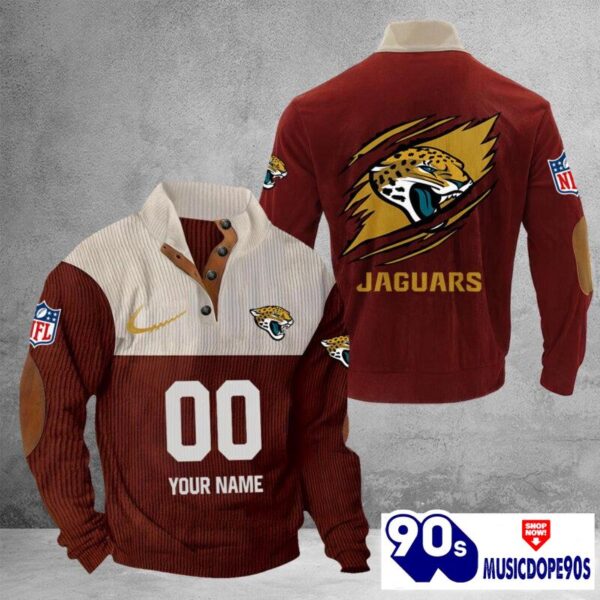 Jacksonville Jaguars Vintage Button Up Shirts Stand Collar Long Sleeve Shirt Elbow Patches