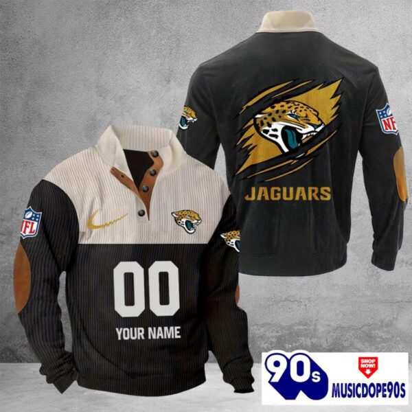 Jacksonville Jaguars Vintage Button Up Shirts Stand Collar Long Sleeve Shirt Elbow Patches