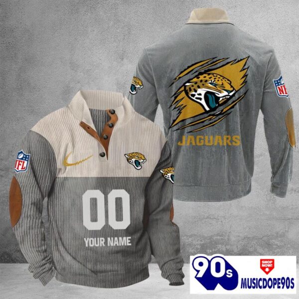 Jacksonville Jaguars Vintage Button Up Shirts Stand Collar Long Sleeve Shirt Elbow Patches