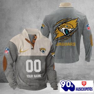 Jacksonville Jaguars Vintage Button Up Shirts Stand Collar Long Sleeve Shirt Elbow Patches