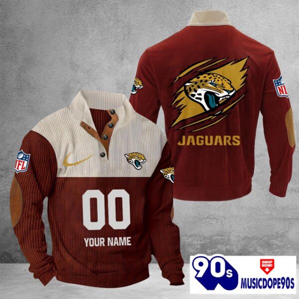 Jacksonville Jaguars Vintage Button Up Shirts Stand Collar Long Sleeve Shirt Elbow Patches