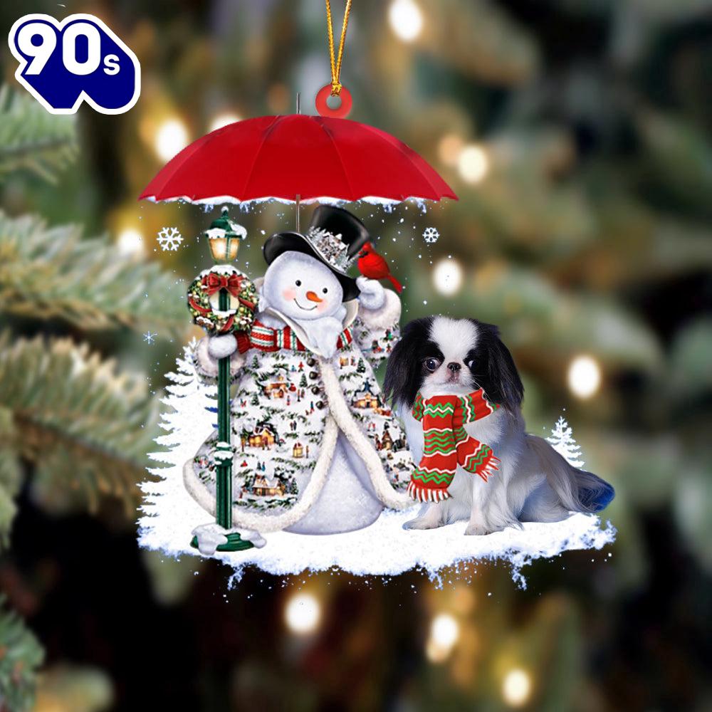 Japanese Chin With Snowman Christmas Ornament, Gift For Christmas Japanese Chin With Snowman Christmas Ornament, Gift For Christmas