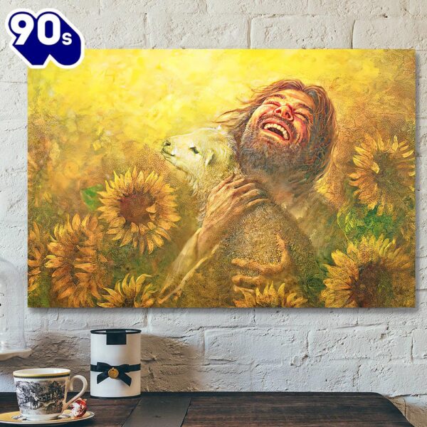 Jesus And Lamb In Field Of Sun Flowers Wall Art Christian Canvas Wall Art Jesus Canvas , Christian Gifts Christmas