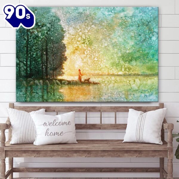 Jesus And The Lamb Picture Beside Quiet Waters Canvas Wall Art Christian Wall Decor , Christian Gifts Christmas