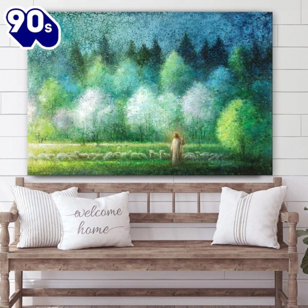 Jesus And The Lamb Picture Upon The Green Grass Canvas Wall Art
