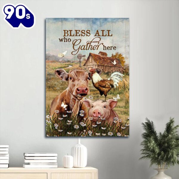 Jesus Animal Drawing Daisy Field Rooster Painting Bless All Who Gather Here Canvas Wall Art