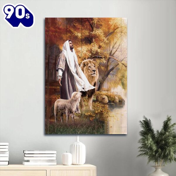 Jesus Animal Of God Stunning Lion White Lamb Autumn Forest Canvas Wall Art