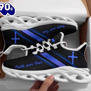 Christian Running,   Jesus Black Blue Faith Over Fear Running Sneakers Max Soul Shoes For Men And Women