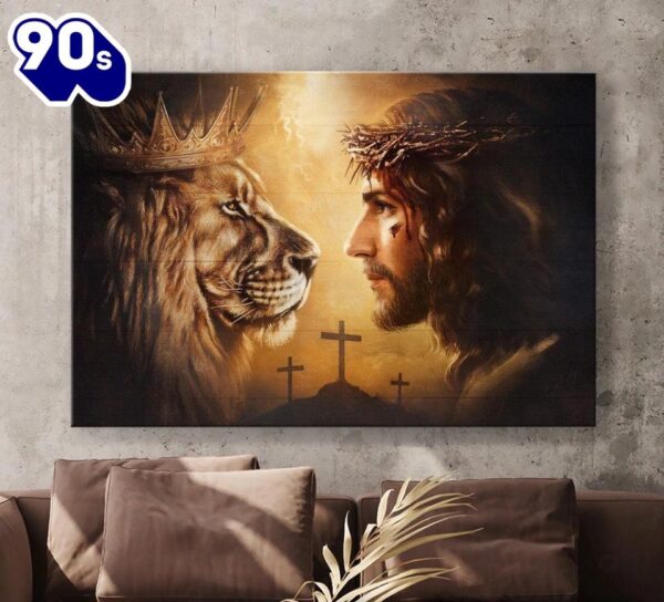Jesus Christ The Lion Of Judah Cross Symbol Face To Face Canvas Wall Art