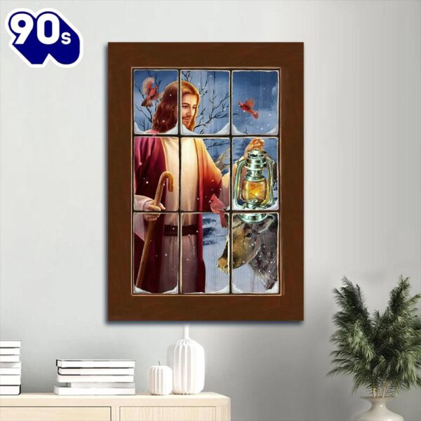 Jesus Christmas Night Stunning Lantern Brown Cow Canvas Wall Art