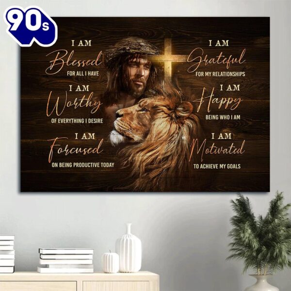 Jesus Faith God Lion Head Motivational Quote I Am Bless For All I Have Believer In Jesus Canvas Wall Art