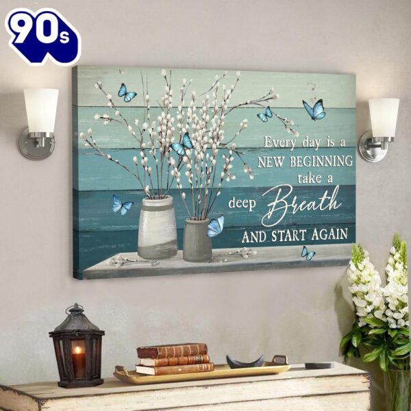 Jesus God Horizontal Canvas Prints God Wall Art Every Day Is A New Beginning Blue Butterfly  , Christian Gifts Christmas