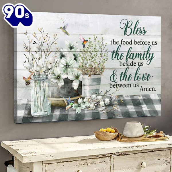 Jesus Hummingbird Flowers Bless The Food Before Us Canvas Wall Art