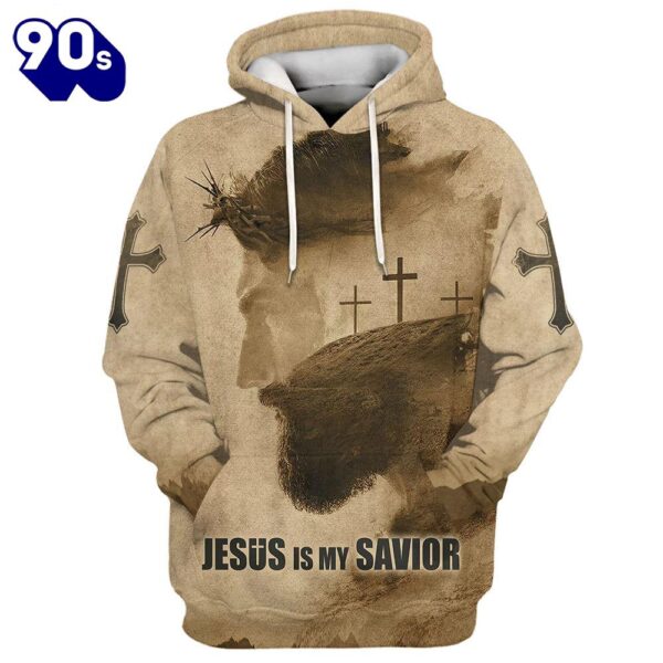 Jesus Is My Savior Hoodie Jesus Christ With Thorns 3 Crosses 3D Hoodies Jesus Hoodie
