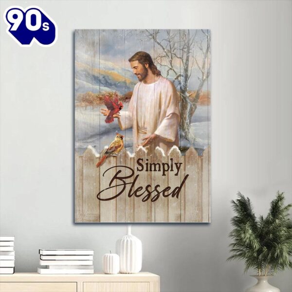 Jesus Painting Pretty Cardinal Winter Forest Simply Blessed Canvas Wall Art