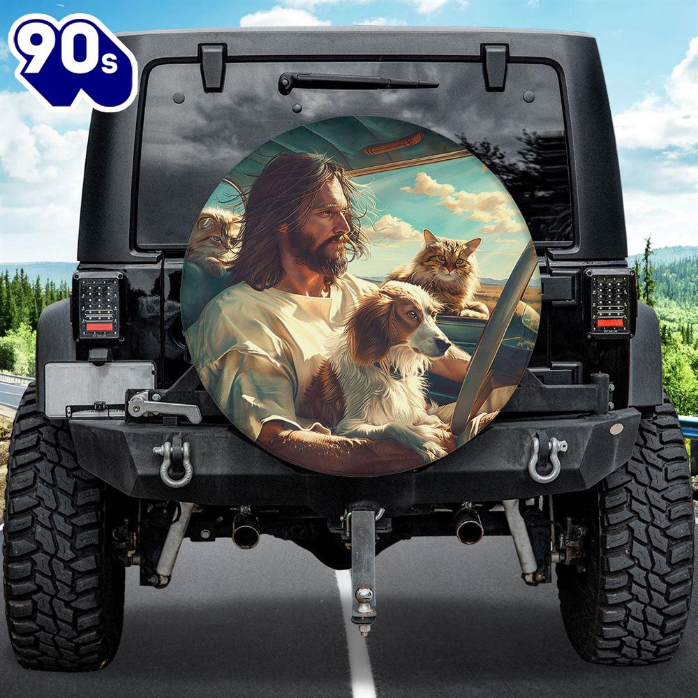 Jesus With Dog Cat Spare Tire Cover Car - Christian Tire Cover Car Decor Jesus With Dog Cat Spare Tire Cover Car - Christian Tire Cover Car Decor