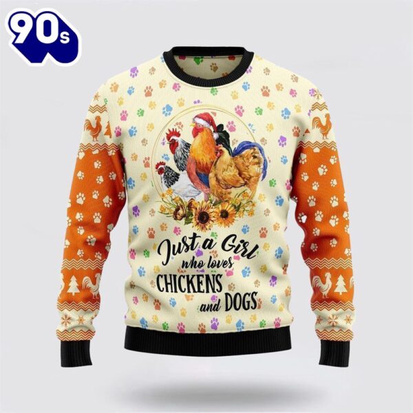Merry Christmas  Just A Girl Who Loves Chickens And Dogs Ugly Christmas Sweater For Men And Women
