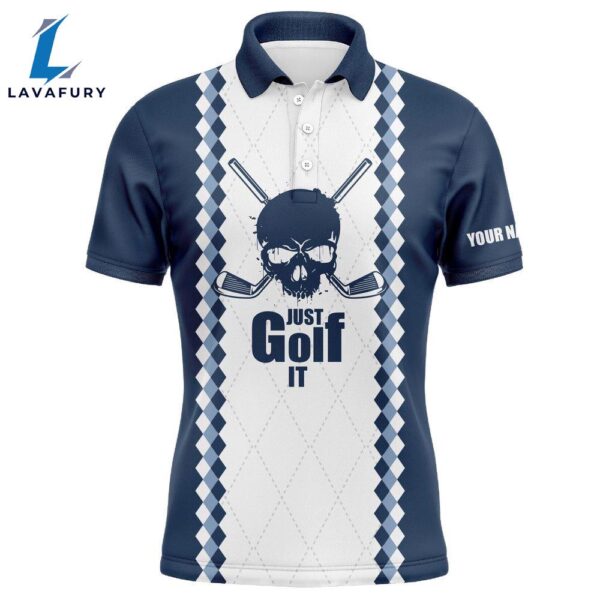Just Golf It Mens Golf Polo Shirt Blue And White Golf Skull Custom Name Golf Gifts   Gift Christmas