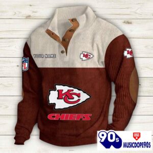 Kansas City Chiefs Button Up Shirts Stand Collar Long Sleeve Shirt Elbow Patches