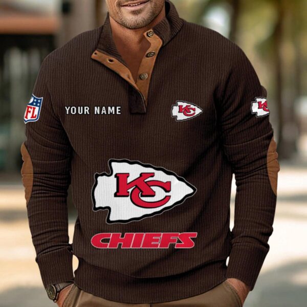 Kansas City Chiefs Button Up Shirts Stand Collar Long Sleeve Shirt Elbow Patches