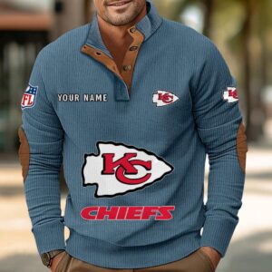 Kansas City Chiefs Button Up Shirts Stand Collar Long Sleeve Shirt Elbow Patches