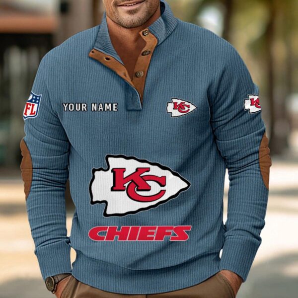 Kansas City Chiefs Button Up Shirts Stand Collar Long Sleeve Shirt Elbow Patches