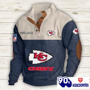 Kansas City Chiefs Button Up Shirts Stand Collar Long Sleeve Shirt Elbow Patches
