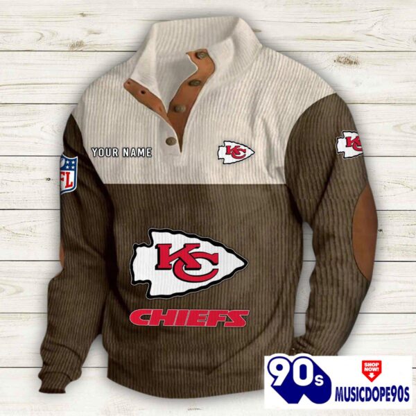 Kansas City Chiefs Button Up Shirts Stand Collar Long Sleeve Shirt Elbow Patches