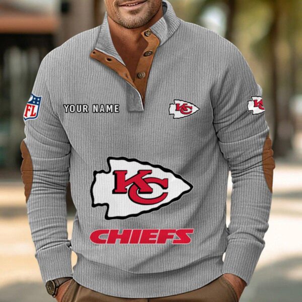 Kansas City Chiefs Button Up Shirts Stand Collar Long Sleeve Shirt Elbow Patches