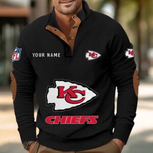 Kansas City Chiefs Button Up Shirts Stand Collar Long Sleeve Shirt Elbow Patches