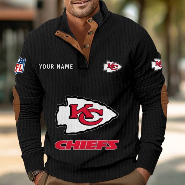 Kansas City Chiefs Button Up Shirts Stand Collar Long Sleeve Shirt Elbow Patches