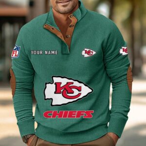 Kansas City Chiefs Button Up Shirts Stand Collar Long Sleeve Shirt Elbow Patches