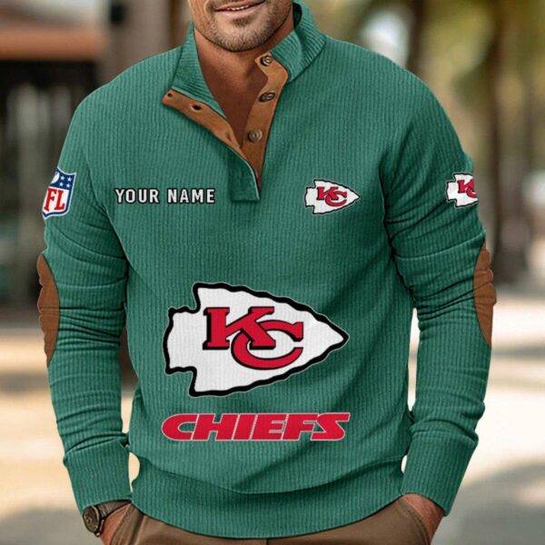 Kansas City Chiefs Button Up Shirts Stand Collar Long Sleeve Shirt Elbow Patches