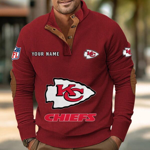 Kansas City Chiefs Button Up Shirts Stand Collar Long Sleeve Shirt Elbow Patches