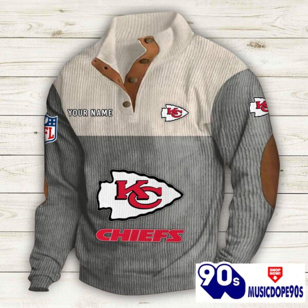 Kansas City Chiefs Button Up Shirts Stand Collar Long Sleeve Shirt Elbow Patches