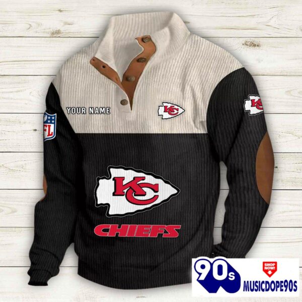 Kansas City Chiefs Button Up Shirts Stand Collar Long Sleeve Shirt Elbow Patches