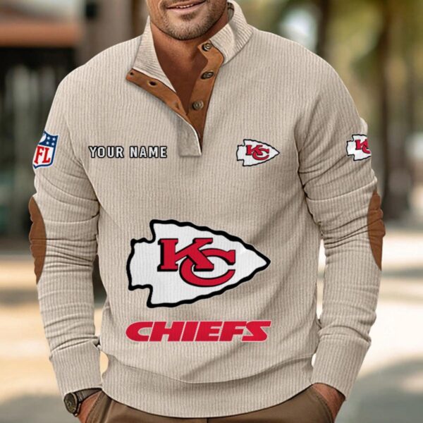 Kansas City Chiefs Button Up Shirts Stand Collar Long Sleeve Shirt Elbow Patches